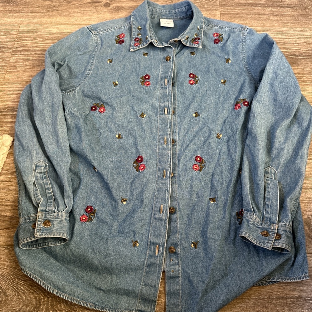 Cascade Collective Denim Button Down Shirt with Red Floral Embroidery